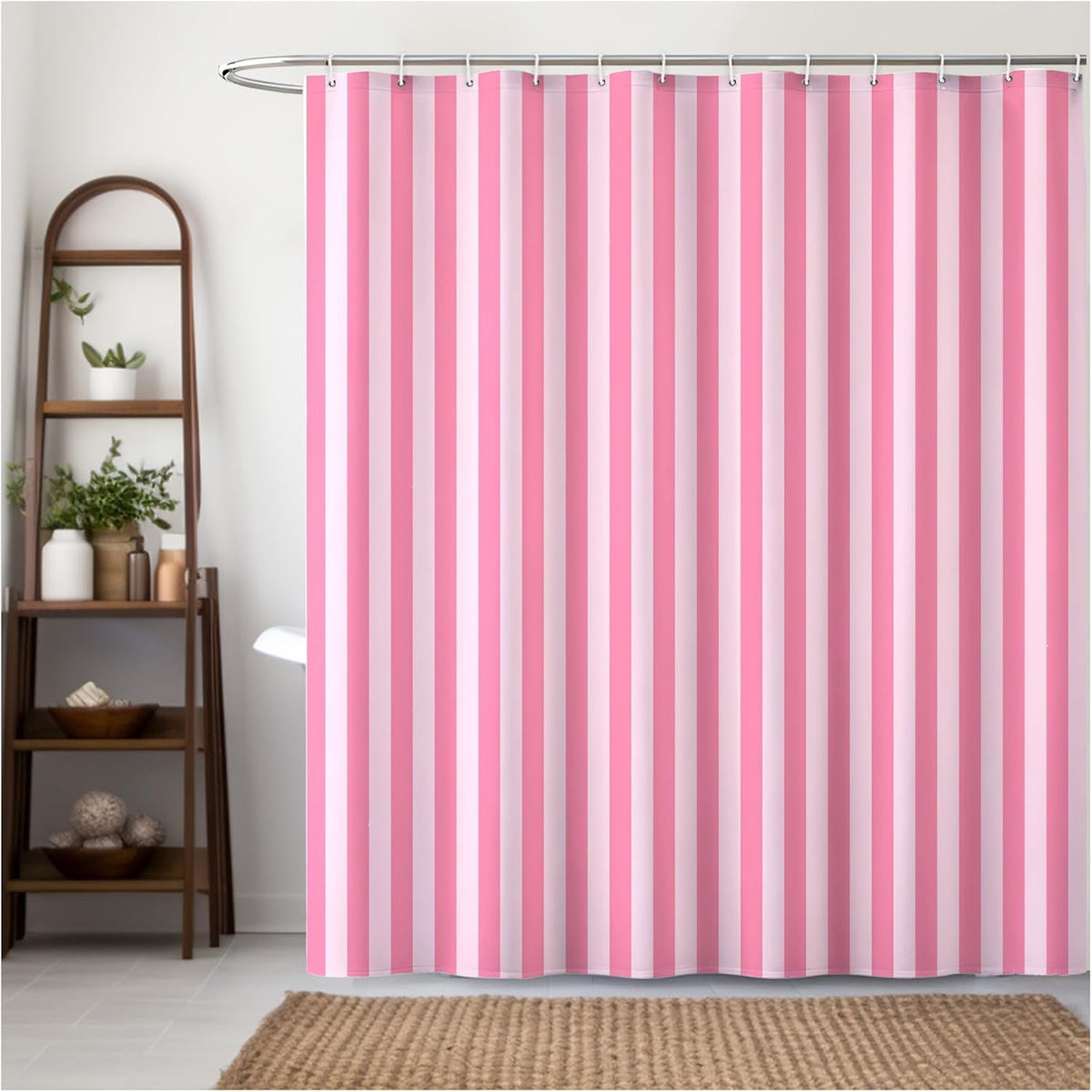 Striped Shower Curtain 72x72 inch, Waterproof Polyester Fabric Bathroom Shower Curtain Set with Hooks, Modern Minimalist Stripe Design for Bathroom Decor (Pink)