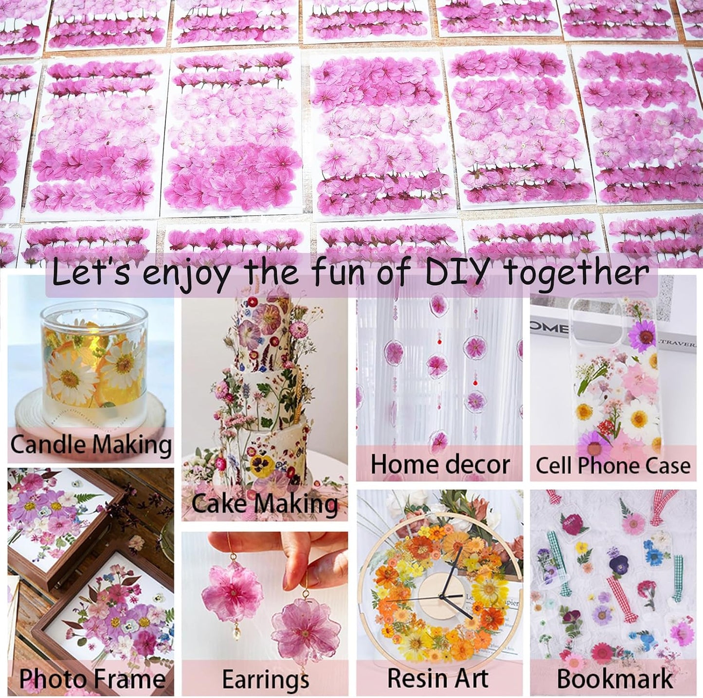60Pcs Cherry Blossom Dried Pressed Flowers for Crafts, Edible Flowers for Cake Decorating,Resin Molds,Bookmark,Jewelry Molds,Candle Making Supplies,Soap,Frame(Pink)