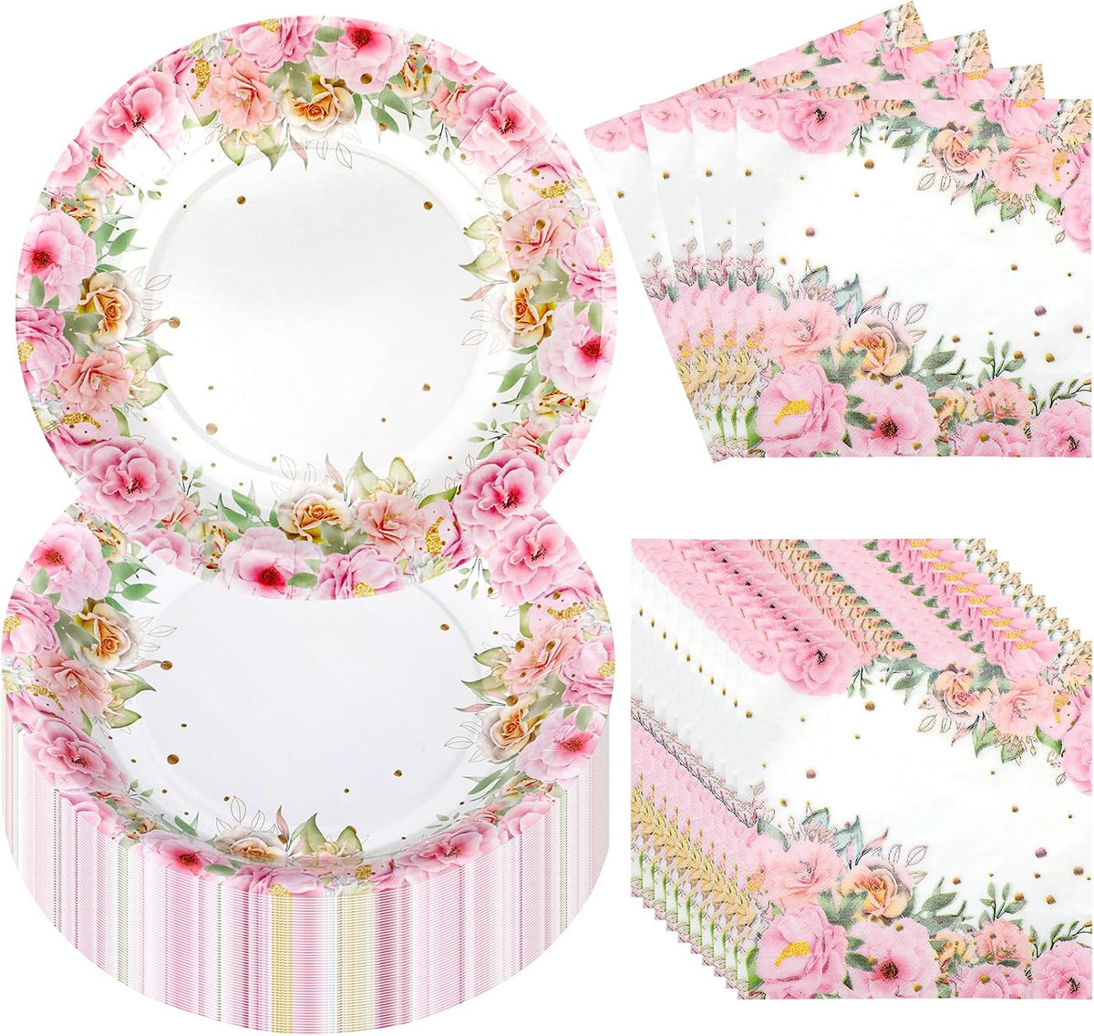100 Pcs Pink Floral Paper Plates and Napkins Set, Tea Party Disposable Tableware Party Supplies for Bridal, Baby Shower, Birthday, Mother's Day, Serves 50
