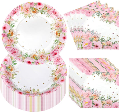 100 Pcs Pink Floral Paper Plates and Napkins Set, Tea Party Disposable Tableware Party Supplies for Bridal, Baby Shower, Birthday, Mother's Day, Serves 50
