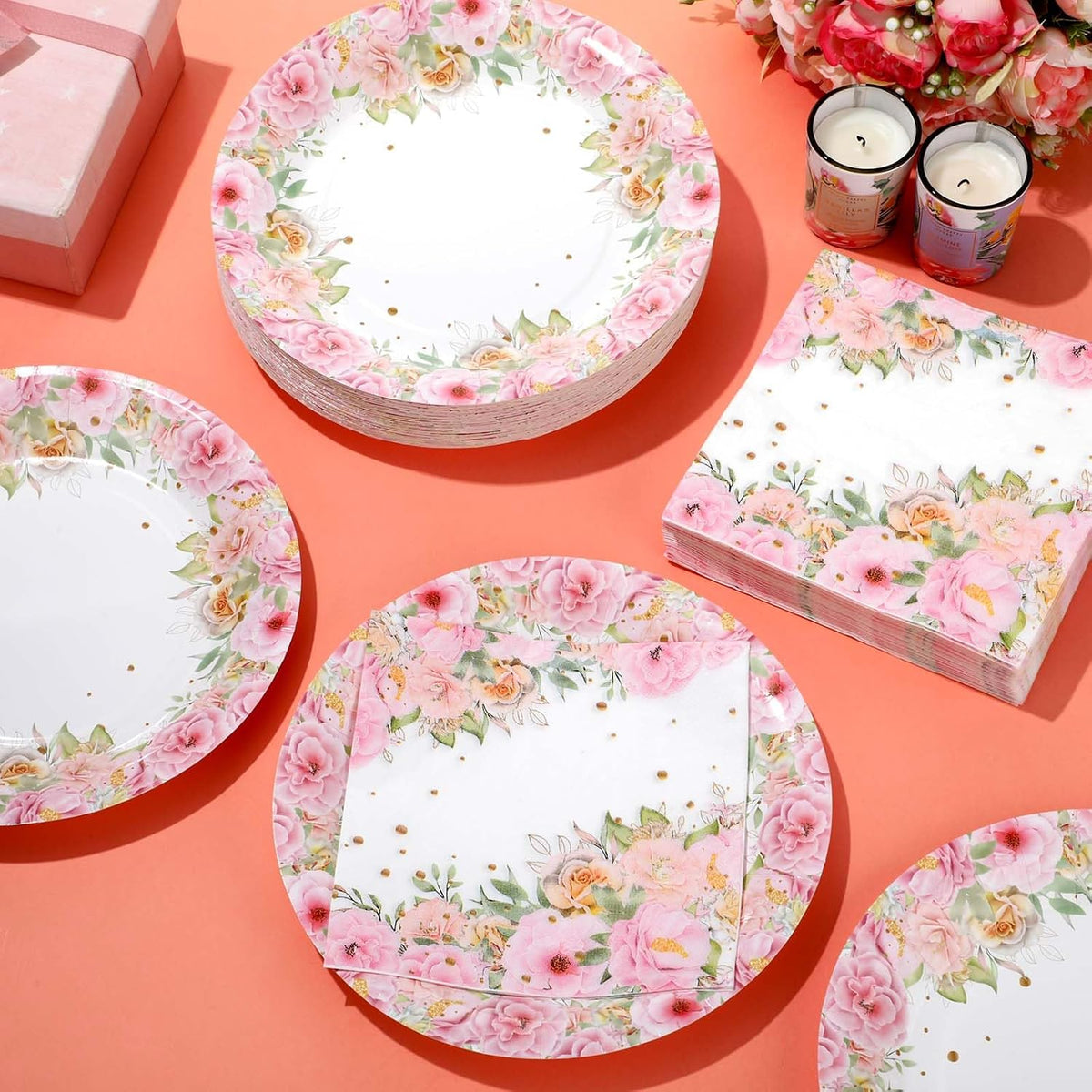 100 Pcs Pink Floral Paper Plates and Napkins Set, Tea Party Disposable Tableware Party Supplies for Bridal, Baby Shower, Birthday, Mother's Day, Serves 50
