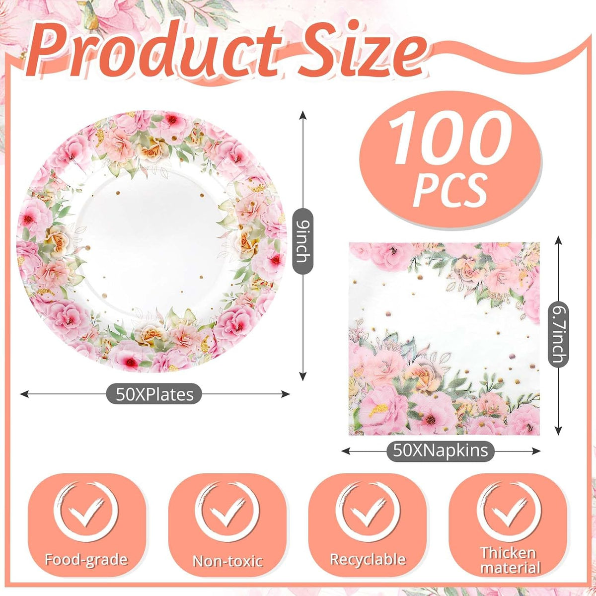 100 Pcs Pink Floral Paper Plates and Napkins Set, Tea Party Disposable Tableware Party Supplies for Bridal, Baby Shower, Birthday, Mother's Day, Serves 50