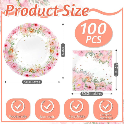100 Pcs Pink Floral Paper Plates and Napkins Set, Tea Party Disposable Tableware Party Supplies for Bridal, Baby Shower, Birthday, Mother's Day, Serves 50