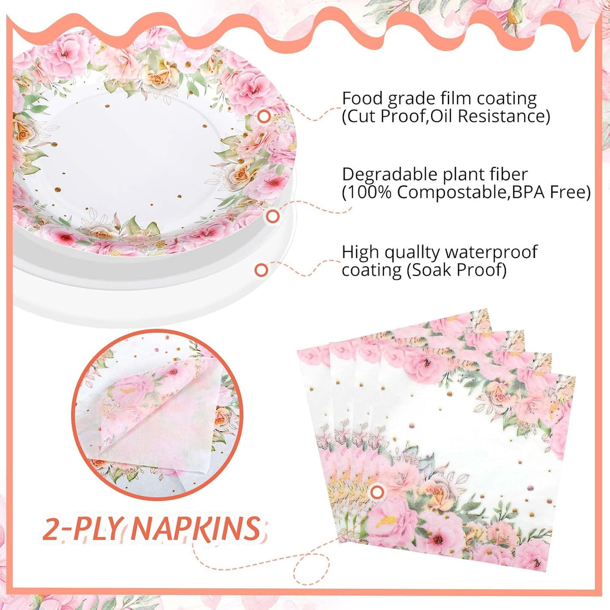 100 Pcs Pink Floral Paper Plates and Napkins Set, Tea Party Disposable Tableware Party Supplies for Bridal, Baby Shower, Birthday, Mother's Day, Serves 50