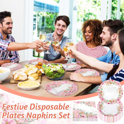 100 Pcs Pink Floral Paper Plates and Napkins Set, Tea Party Disposable Tableware Party Supplies for Bridal, Baby Shower, Birthday, Mother's Day, Serves 50