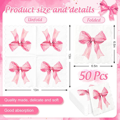 FYSUIMU 100Pcs Pink Bow Paper Napkin Coquette Bowknot Disposable Luncheon Napkins Scalloped Dessert Dinner Hand Napkin for Wedding Bridal Shower Bachelorette