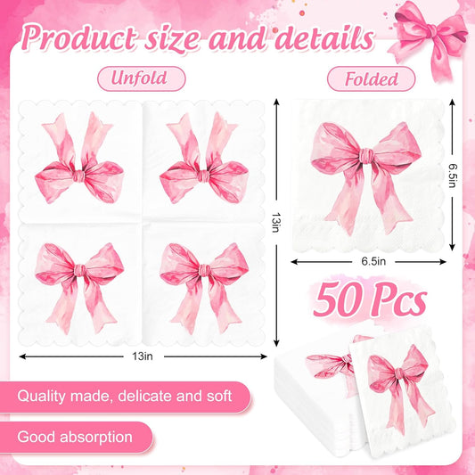 FYSUIMU 100Pcs Pink Bow Paper Napkin Coquette Bowknot Disposable Luncheon Napkins Scalloped Dessert Dinner Hand Napkin for Wedding Bridal Shower Bachelorette