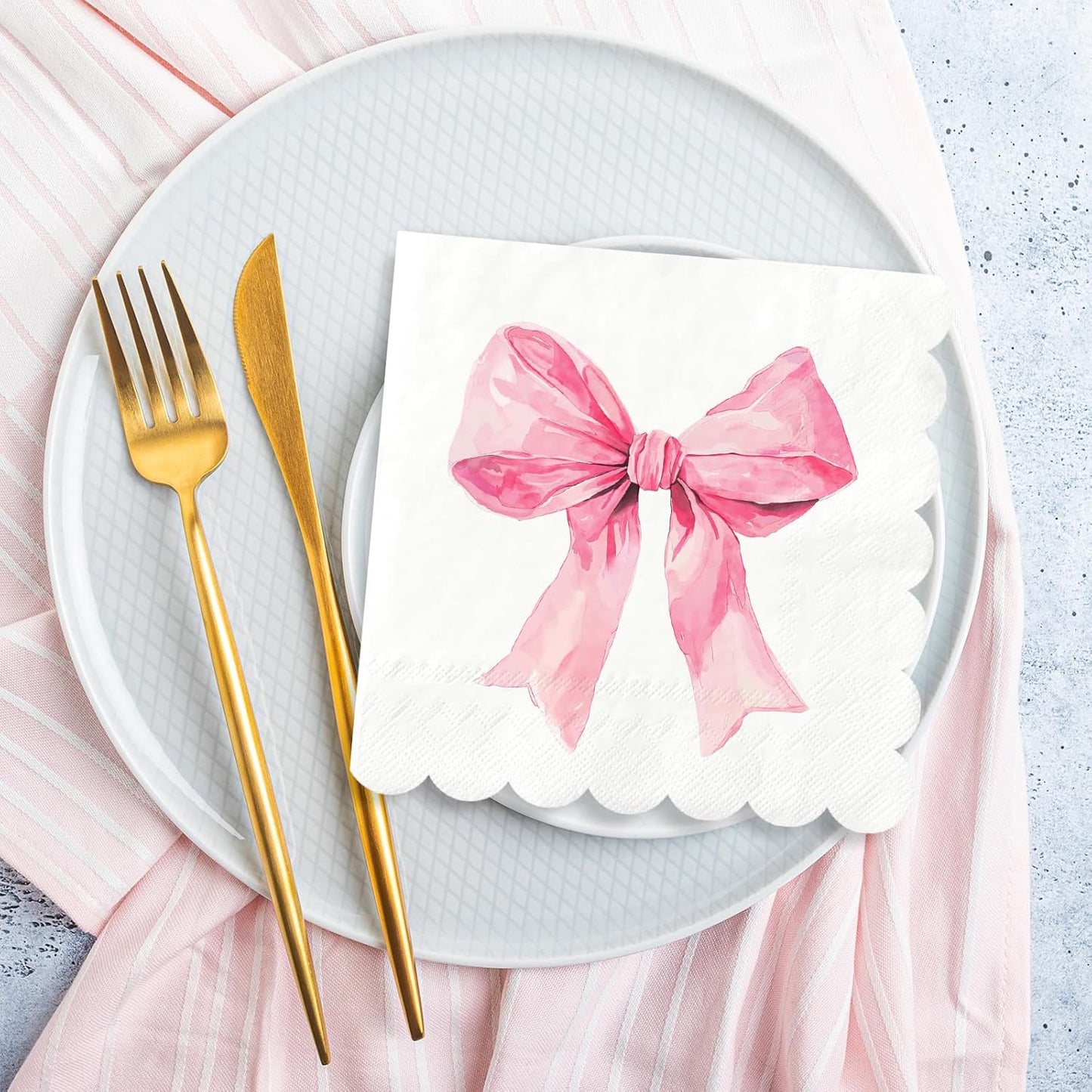 FYSUIMU 100Pcs Pink Bow Paper Napkin Coquette Bowknot Disposable Luncheon Napkins Scalloped Dessert Dinner Hand Napkin for Wedding Bridal Shower Bachelorette