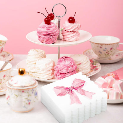 FYSUIMU 100Pcs Pink Bow Paper Napkin Coquette Bowknot Disposable Luncheon Napkins Scalloped Dessert Dinner Hand Napkin for Wedding Bridal Shower Bachelorette