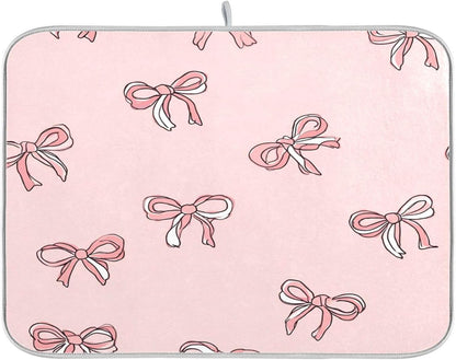 Pink Bows Light Pink Cute Dish Drying Mat for Counter Drying Kitchen Mats Coffee Bar Mats for Countertops Dishes Utensils Sinks 18 x 24 IN