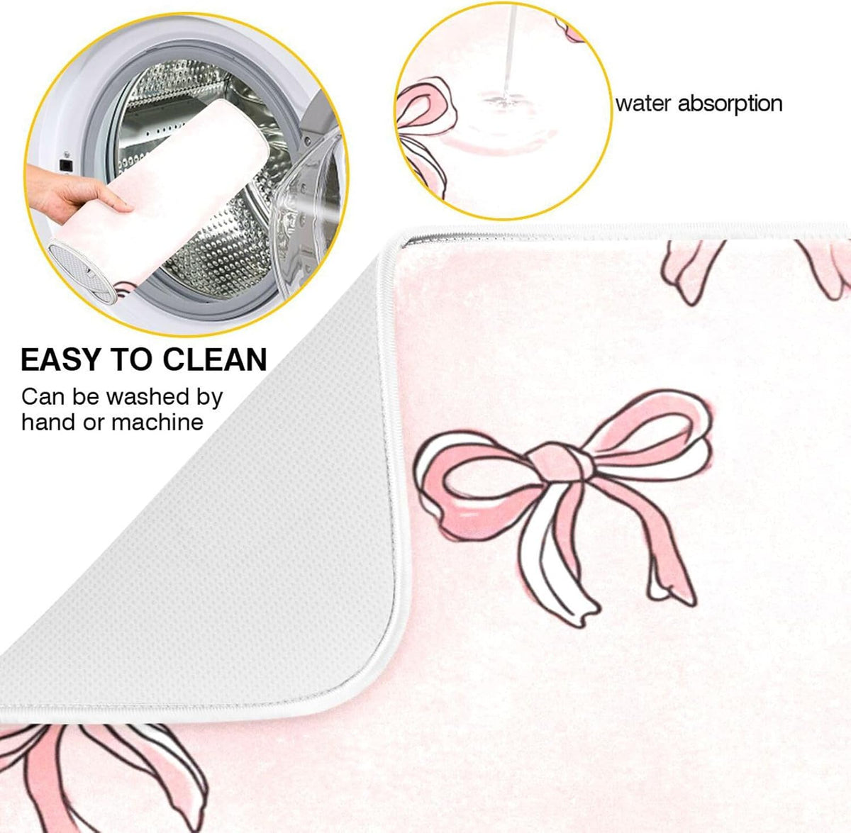 Pink Bows Light Pink Cute Dish Drying Mat for Counter Drying Kitchen Mats Coffee Bar Mats for Countertops Dishes Utensils Sinks 18 x 24 IN