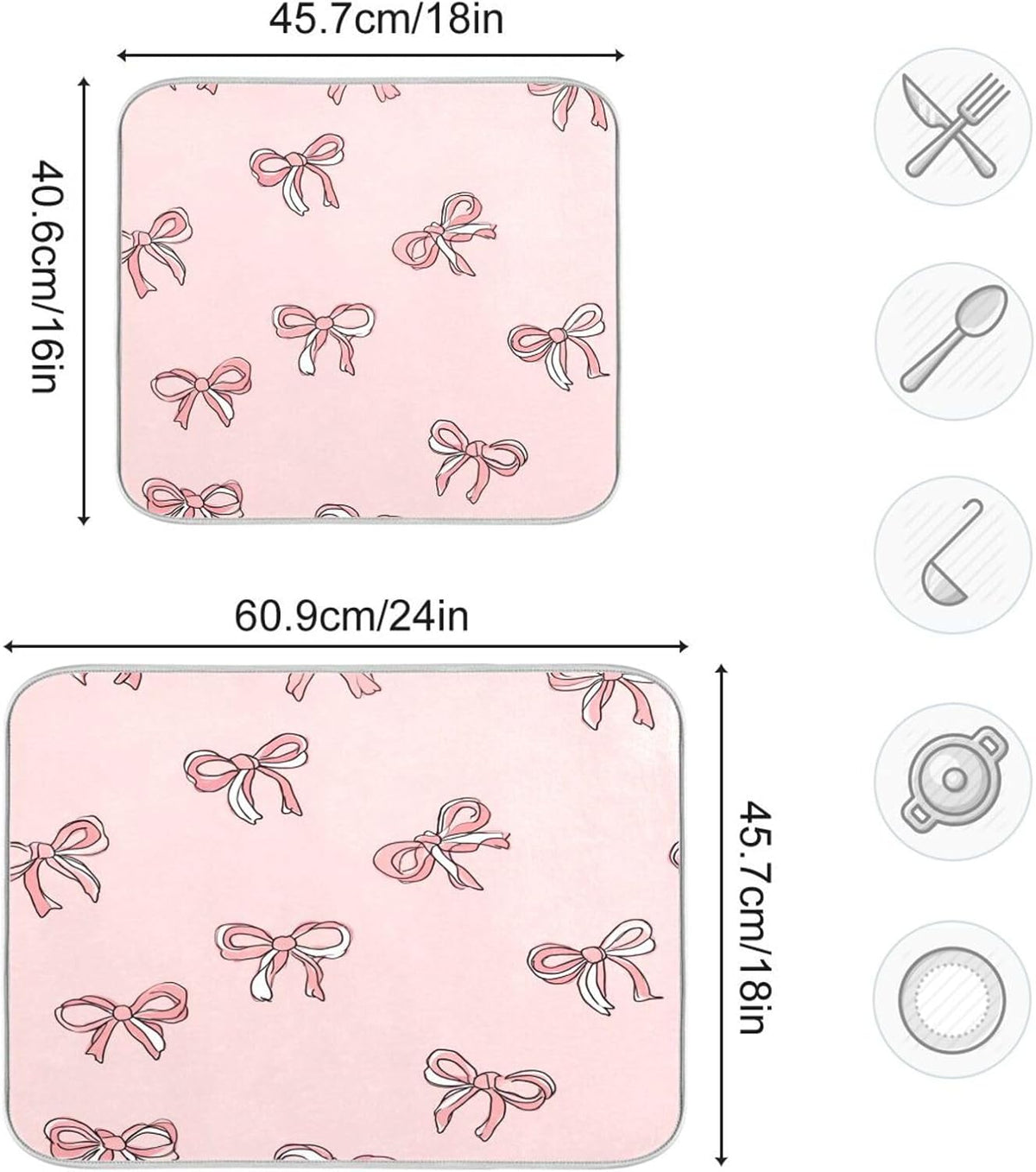Pink Bows Light Pink Cute Dish Drying Mat for Counter Drying Kitchen Mats Coffee Bar Mats for Countertops Dishes Utensils Sinks 18 x 24 IN