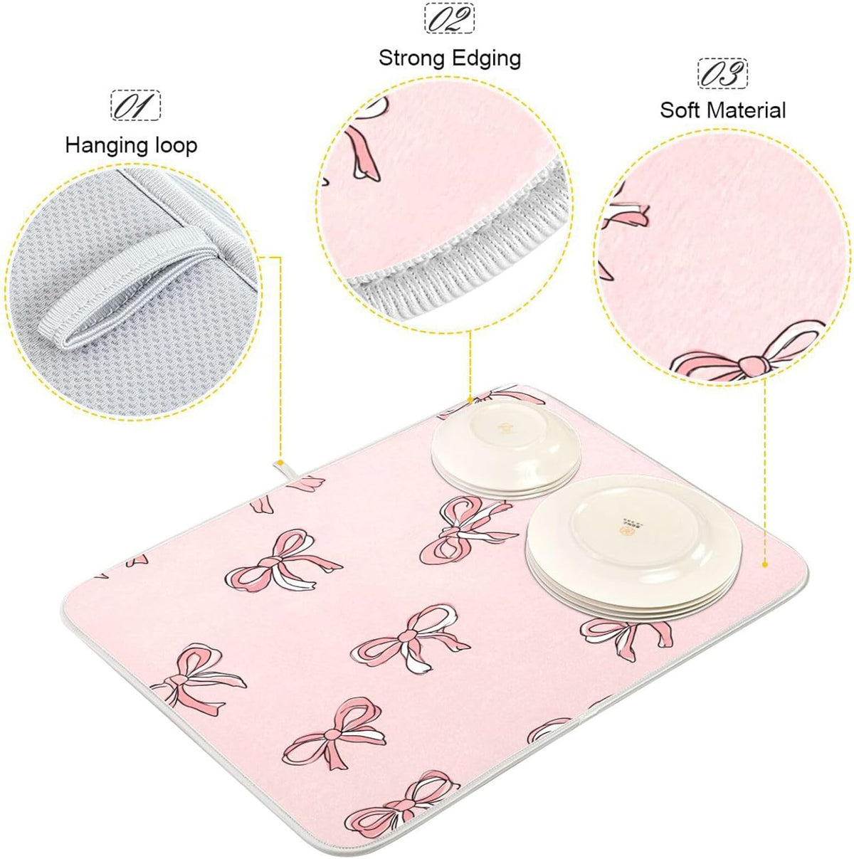 Pink Bows Light Pink Cute Dish Drying Mat for Counter Drying Kitchen Mats Coffee Bar Mats for Countertops Dishes Utensils Sinks 18 x 24 IN
