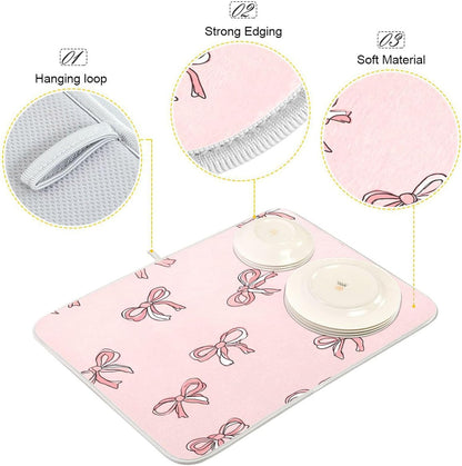 Pink Bows Light Pink Cute Dish Drying Mat for Counter Drying Kitchen Mats Coffee Bar Mats for Countertops Dishes Utensils Sinks 18 x 24 IN