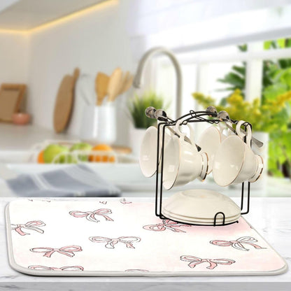 Pink Bows Light Pink Cute Dish Drying Mat for Counter Drying Kitchen Mats Coffee Bar Mats for Countertops Dishes Utensils Sinks 18 x 24 IN