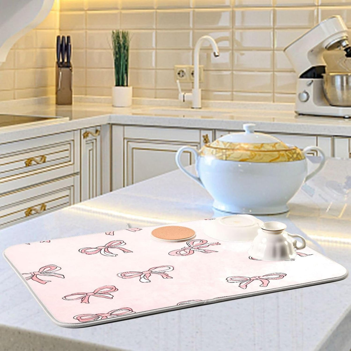 Pink Bows Light Pink Cute Dish Drying Mat for Counter Drying Kitchen Mats Coffee Bar Mats for Countertops Dishes Utensils Sinks 18 x 24 IN