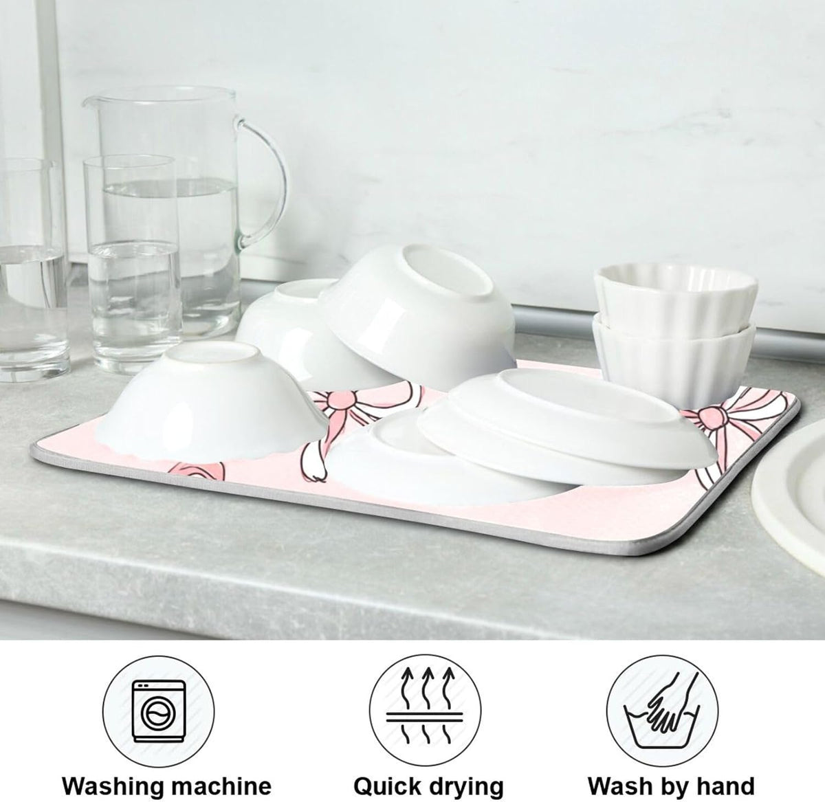 Pink Bows Light Pink Cute Dish Drying Mat for Counter Drying Kitchen Mats Coffee Bar Mats for Countertops Dishes Utensils Sinks 18 x 24 IN