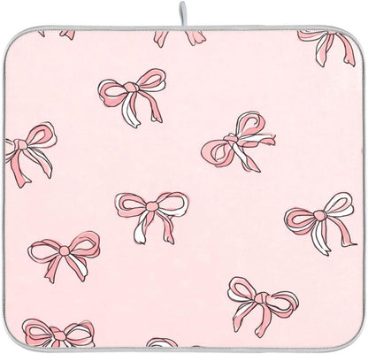 Pink Bows Light Pink Cute Dish Drying Mat for Counter Drying Kitchen Mats Coffee Bar Mats for Countertops Dishes Utensils Sinks 18 x 24 IN