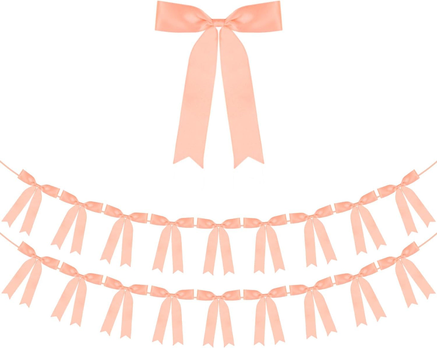 Peach Bow Garland Banner 2 Strings 18PCS, Pre-Strung Satin Ribbon Bow Ornaments for Birthday, Baby Shower, Bridal Shower, Wedding, Bachelorette Party, Engagement, Anniversary, Graduation Decor
