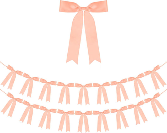 Peach Bow Garland Banner 2 Strings 18PCS, Pre-Strung Satin Ribbon Bow Ornaments for Birthday, Baby Shower, Bridal Shower, Wedding, Bachelorette Party, Engagement, Anniversary, Graduation Decor