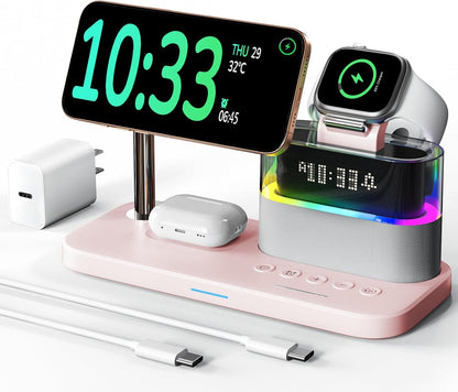 5 in 1 Wireless Charging Station with Alarm Clock Night Light for Apple