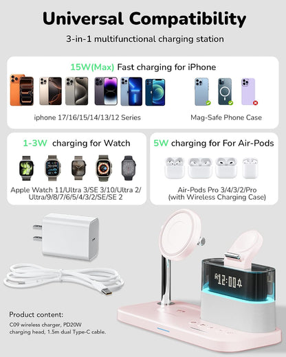 5 in 1 Wireless Charging Station with Alarm Clock Night Light for Apple