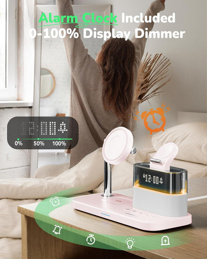 5 in 1 Wireless Charging Station with Alarm Clock Night Light for Apple
