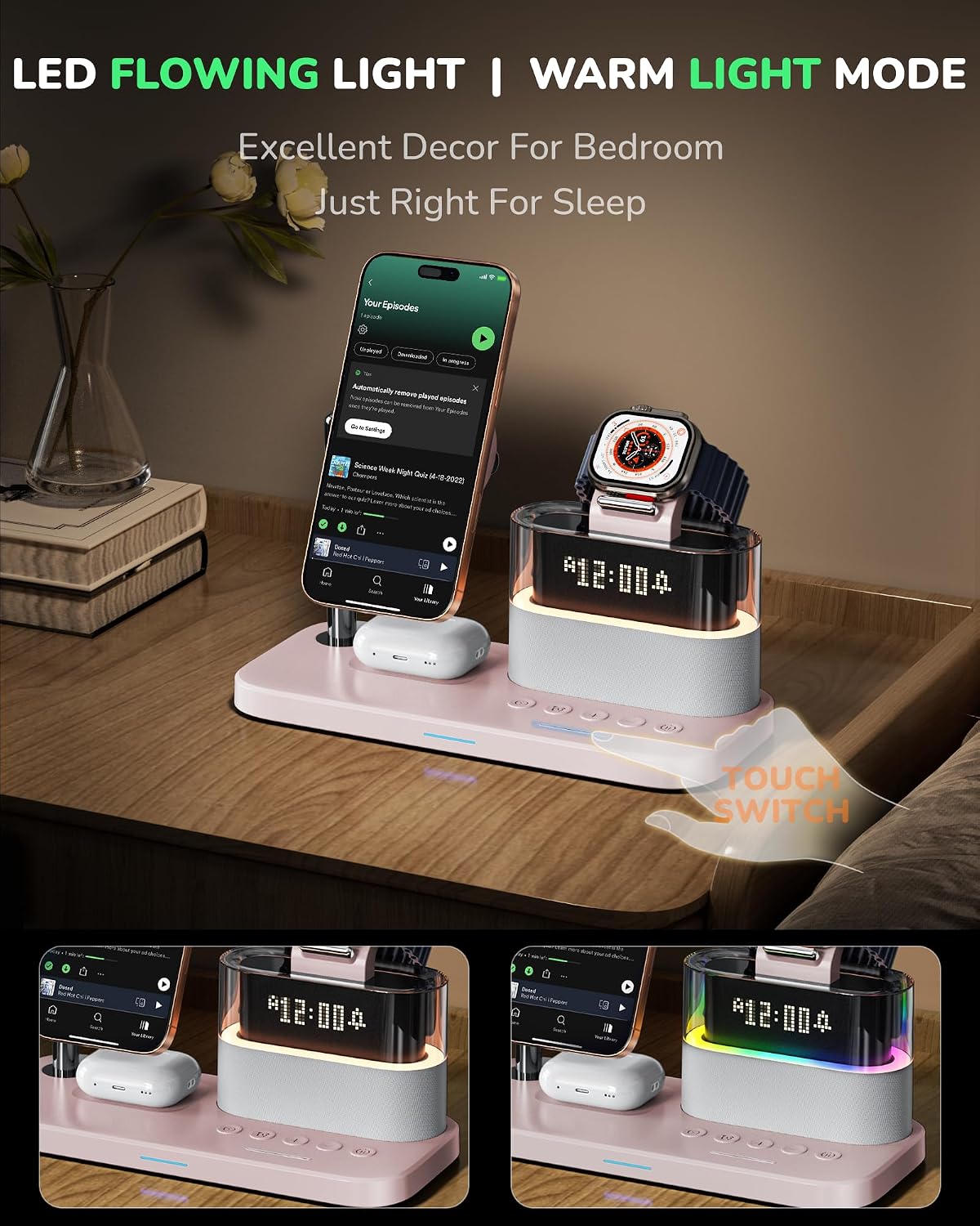 5 in 1 Wireless Charging Station with Alarm Clock Night Light for Apple