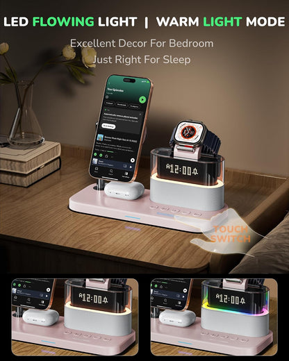 5 in 1 Wireless Charging Station with Alarm Clock Night Light for Apple