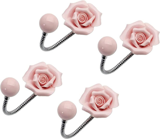 3D Flower Ceramic Wall Coat Hook, Rose Pink, 4 Pack