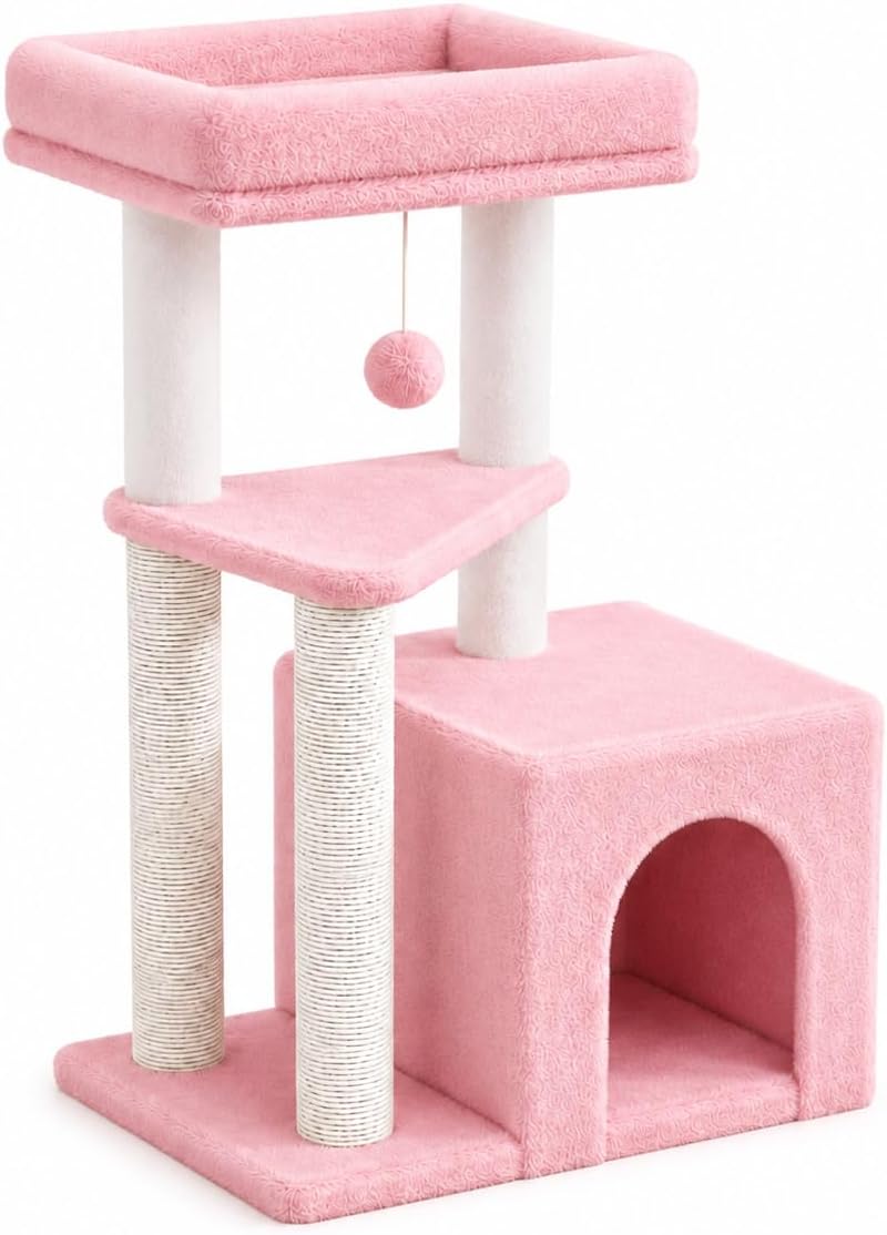 Small Cat Tree Tower for Indoor Cats, 33 Inches Multi-Level Cat Condo with Scratching Posts, Large Perch, Hanging Toy for Large Adult Cats, Pink