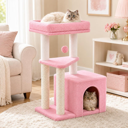 Small Cat Tree Tower for Indoor Cats, 33 Inches Multi-Level Cat Condo with Scratching Posts, Large Perch, Hanging Toy for Large Adult Cats, Pink