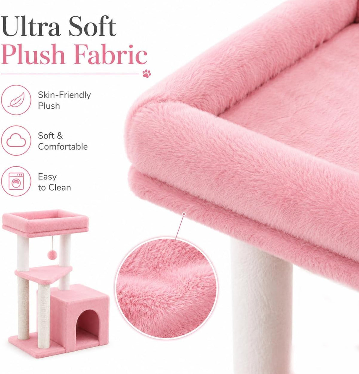 Small Cat Tree Tower for Indoor Cats, 33 Inches Multi-Level Cat Condo with Scratching Posts, Large Perch, Hanging Toy for Large Adult Cats, Pink