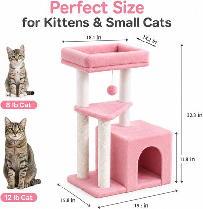 Small Cat Tree Tower for Indoor Cats, 33 Inches Multi-Level Cat Condo with Scratching Posts, Large Perch, Hanging Toy for Large Adult Cats, Pink