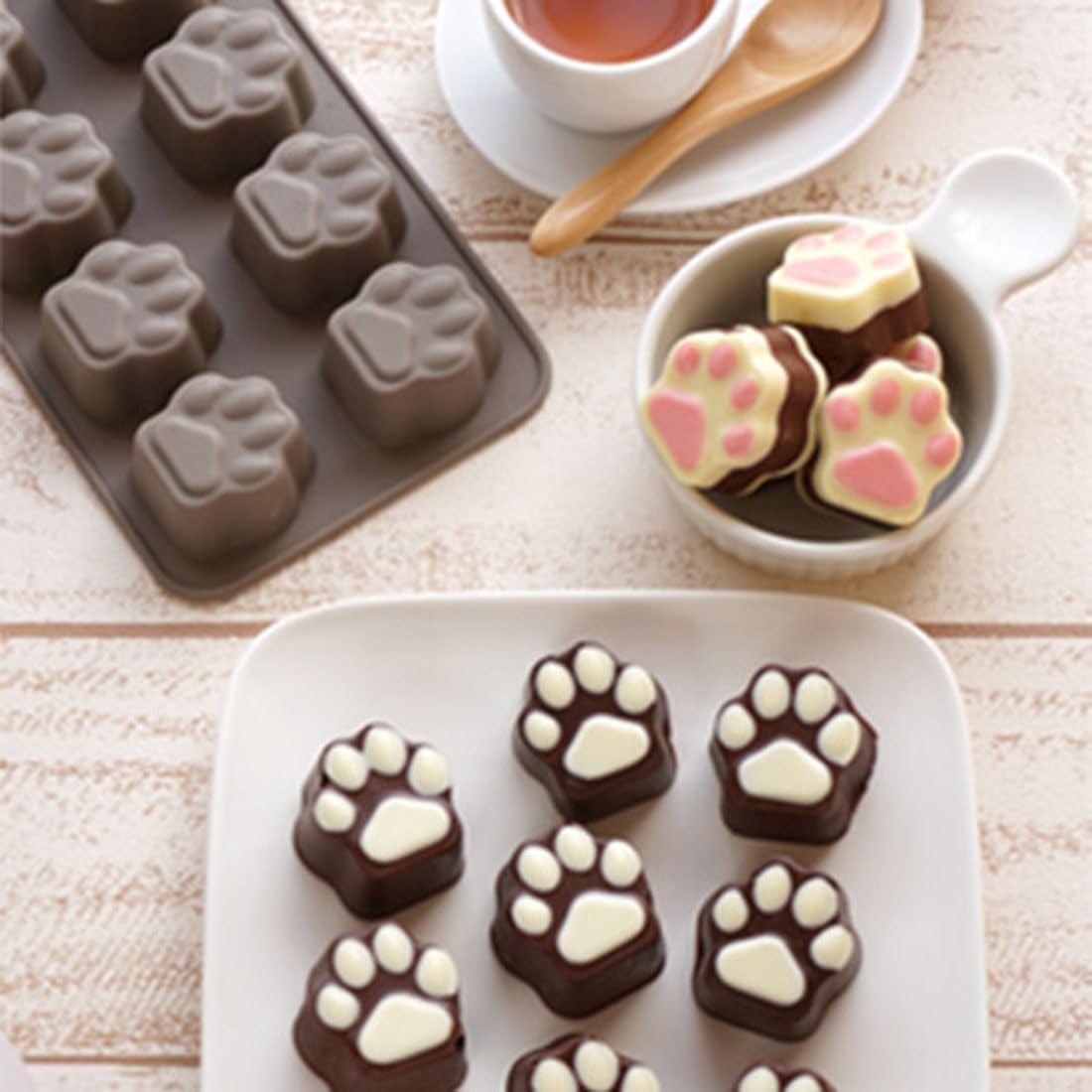 Elome Silicone Ice Tray Mini Animal Dog Cat Paw Print Cupcake Muffin Baking Cup Mold, Ice Cube Chocolate Soap Candle Tray Pink