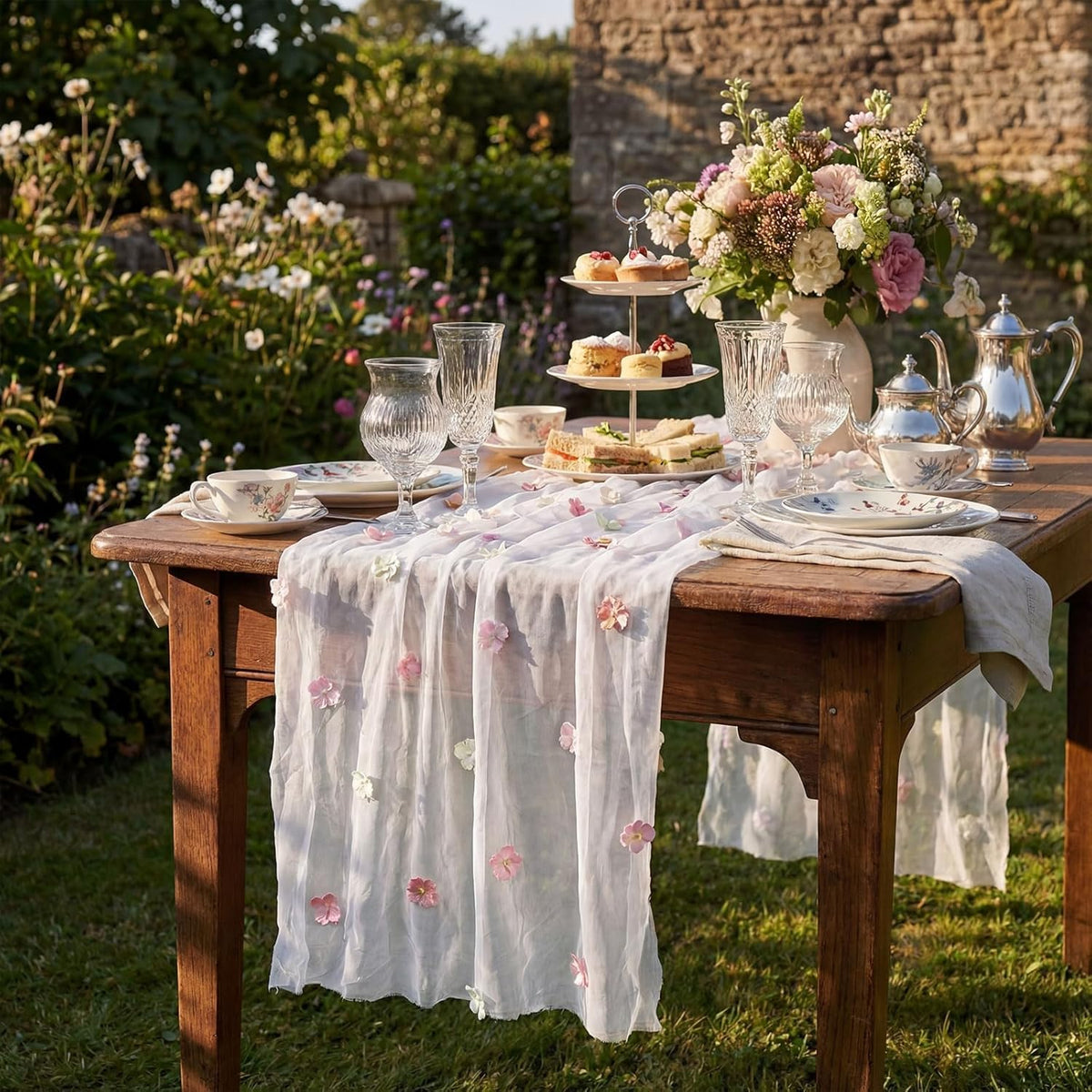9.8 Ft Pink Flower Table Runner Embroidered for Baby Shower Party