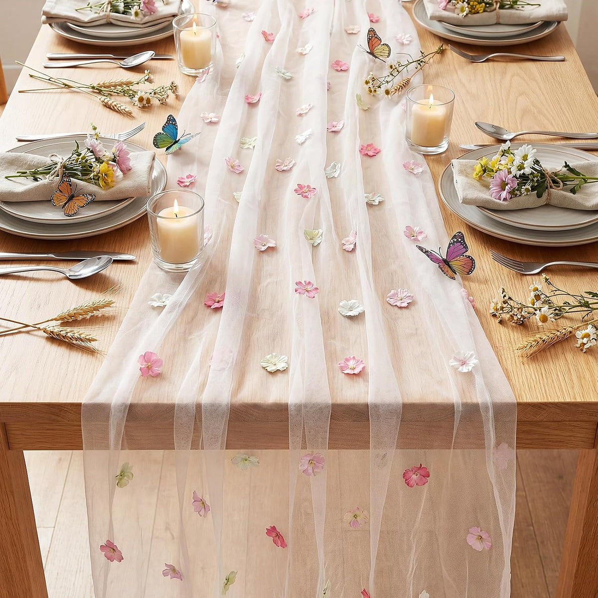 9.8 Ft Pink Flower Table Runner Embroidered for Baby Shower Party
