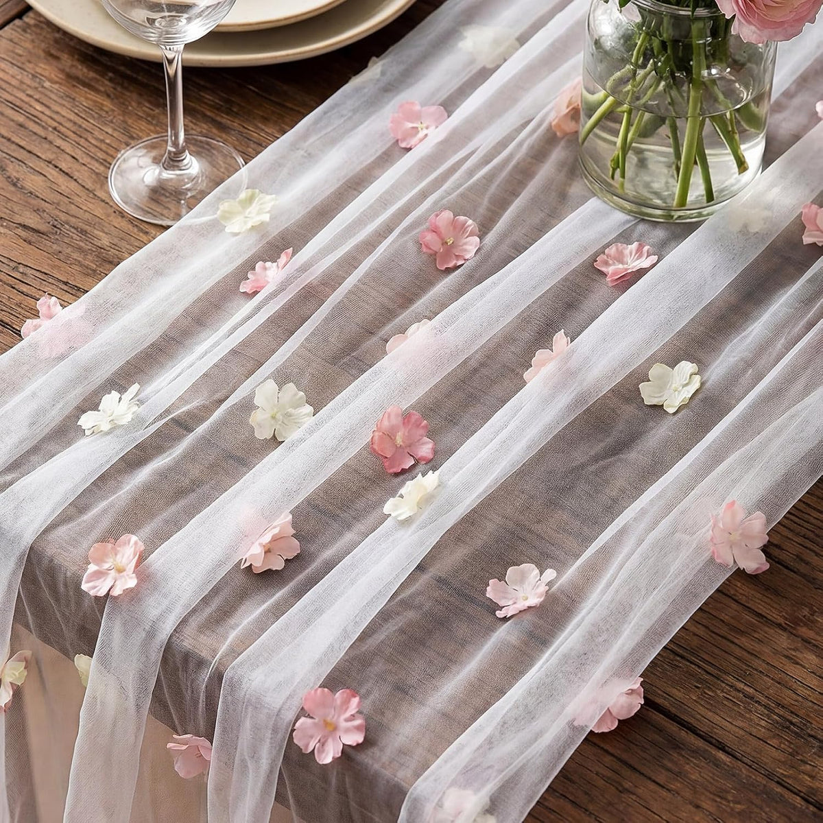 9.8 Ft Pink Flower Table Runner Embroidered for Baby Shower Party