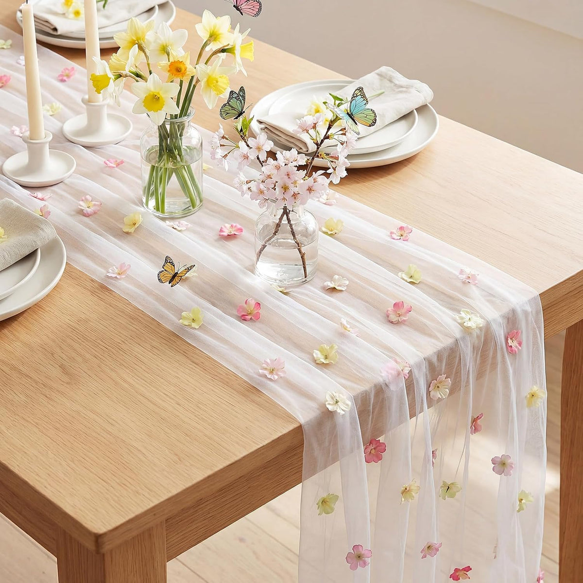 9.8 Ft Pink Flower Table Runner Embroidered for Baby Shower Party