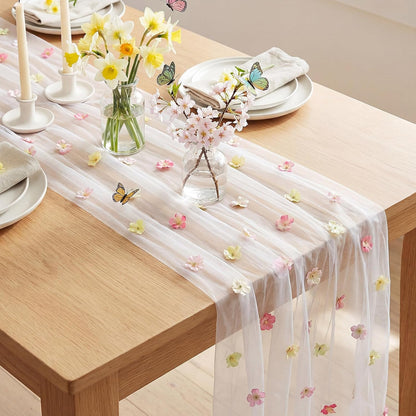 9.8 Ft Pink Flower Table Runner Embroidered for Baby Shower Party