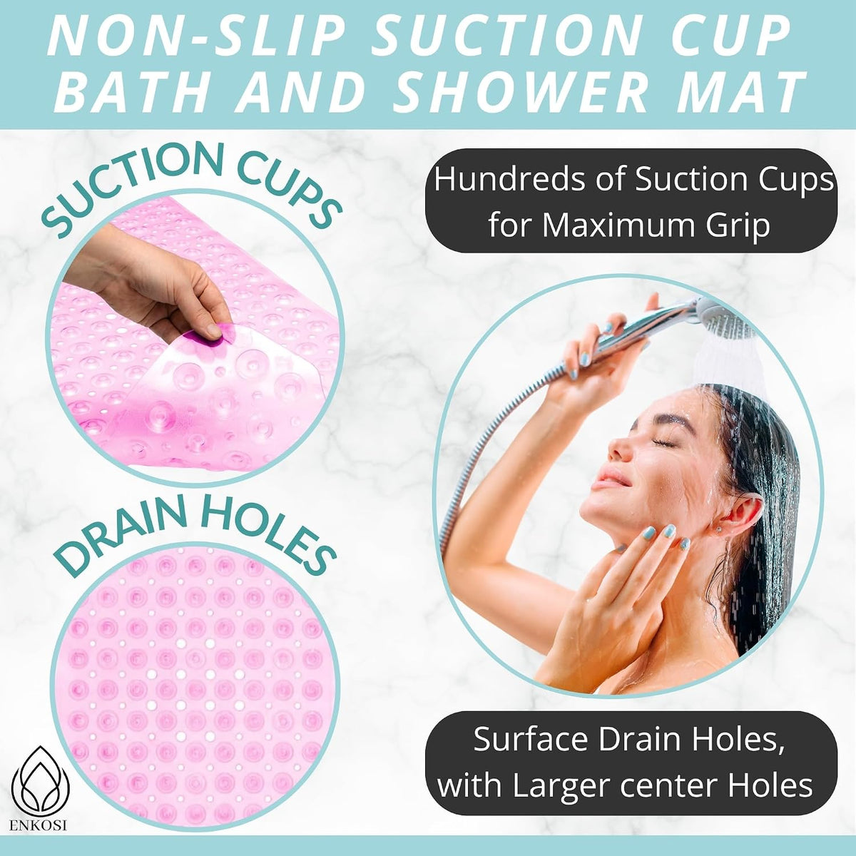 Non-Slip Bath Mat and Shower Mat 40x16 Extra Long, Clear Pink