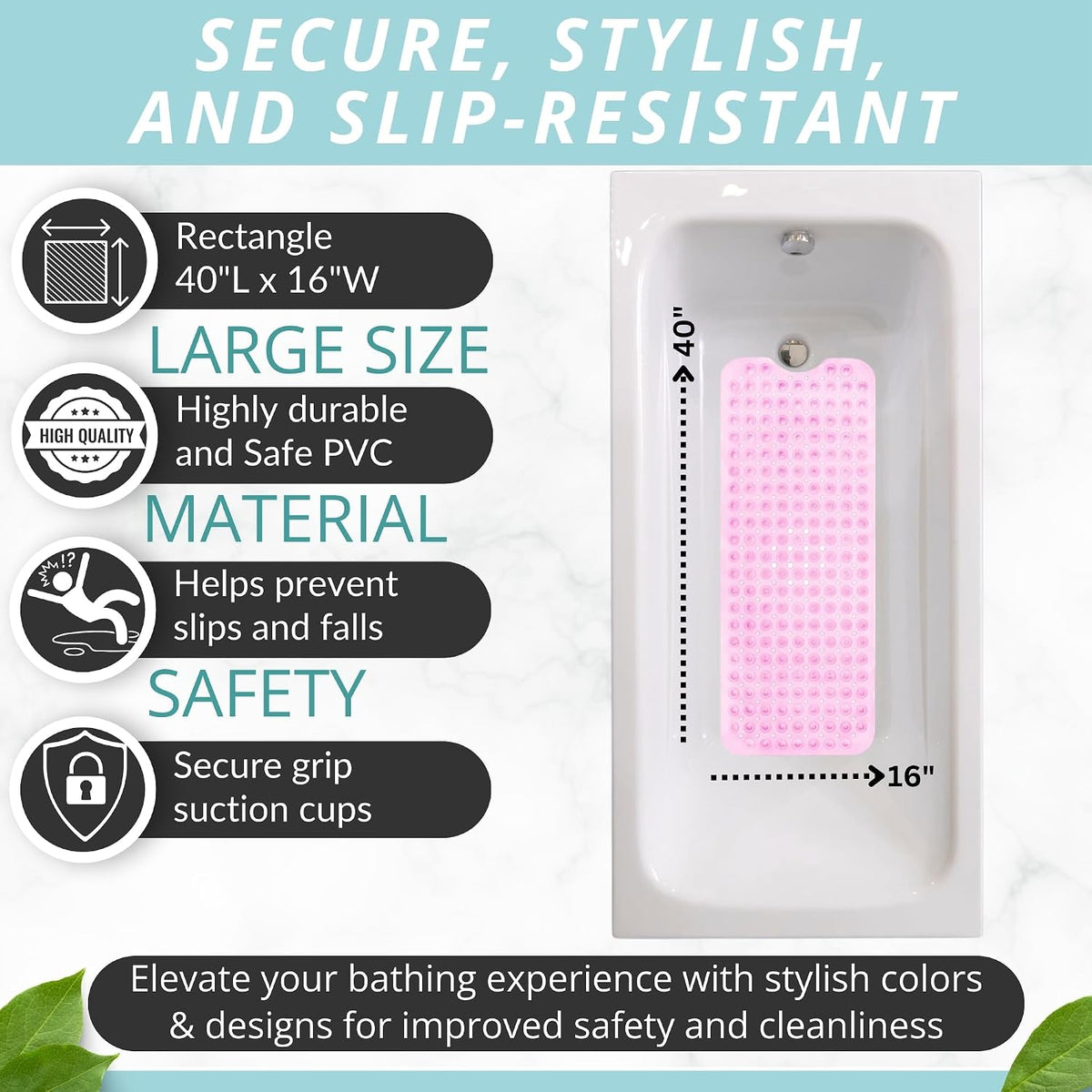 Non-Slip Bath Mat and Shower Mat 40x16 Extra Long, Clear Pink