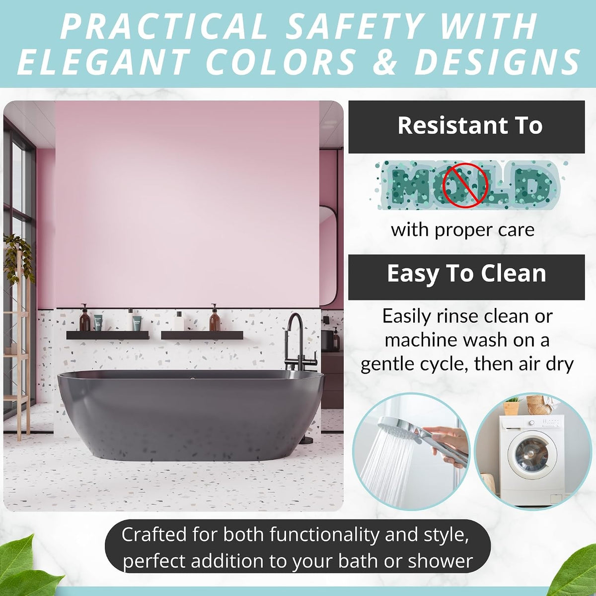 Non-Slip Bath Mat and Shower Mat 40x16 Extra Long, Clear Pink