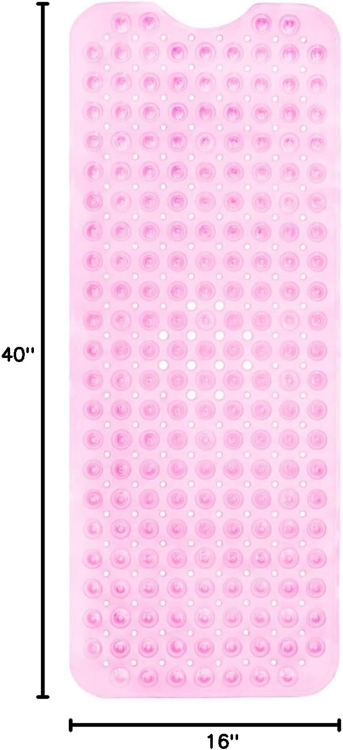 Non-Slip Bath Mat and Shower Mat 40x16 Extra Long, Clear Pink