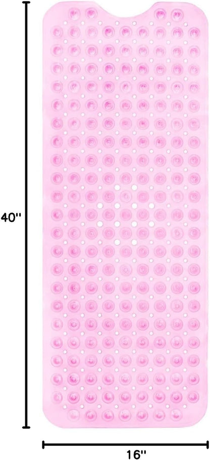 Non-Slip Bath Mat and Shower Mat 40x16 Extra Long, Clear Pink