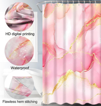 4Pcs Bathroom Sets with Shower Curtain and Rugs, Pink Gold Marble Modern Art Shower Curtain Sets with Rugs and Accessories