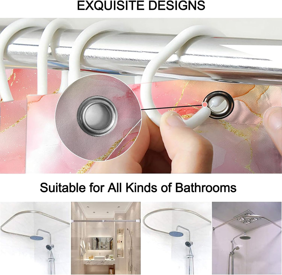 4Pcs Bathroom Sets with Shower Curtain and Rugs, Pink Gold Marble Modern Art Shower Curtain Sets with Rugs and Accessories