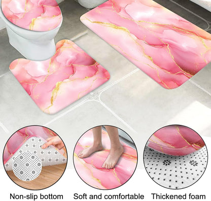 4Pcs Bathroom Sets with Shower Curtain and Rugs, Pink Gold Marble Modern Art Shower Curtain Sets with Rugs and Accessories