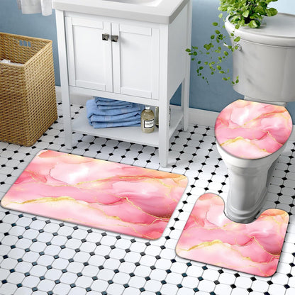 4Pcs Bathroom Sets with Shower Curtain and Rugs, Pink Gold Marble Modern Art Shower Curtain Sets with Rugs and Accessories