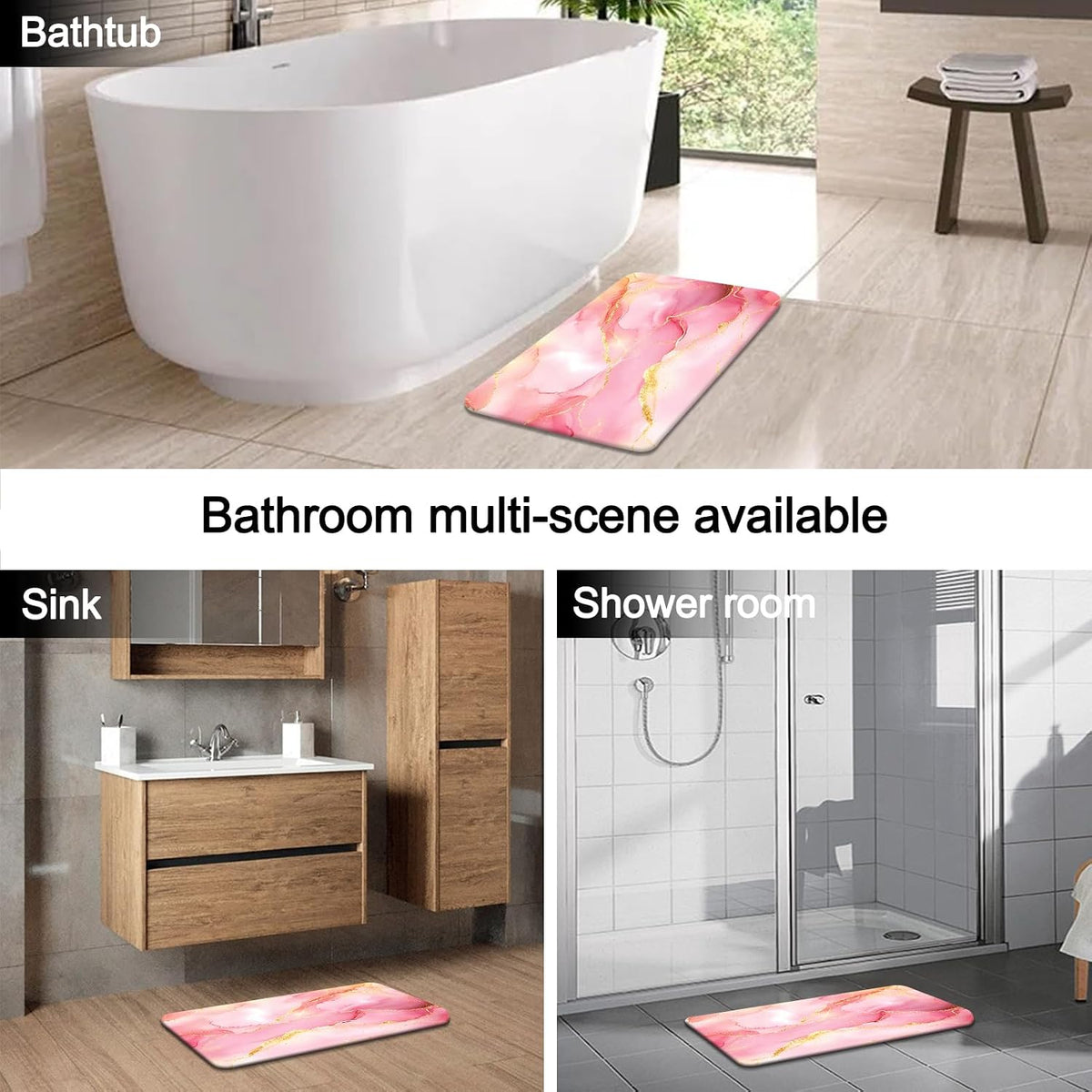 4Pcs Bathroom Sets with Shower Curtain and Rugs, Pink Gold Marble Modern Art Shower Curtain Sets with Rugs and Accessories